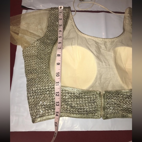 genie GOLD Belly dancer top Gypsy cropped mermaid sheer sleeves dance shirt S M - Picture 9 of 13